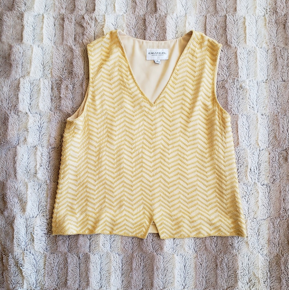 EMANUEL UNGARO CREAM/GOLD BEADED SILK TOP...SIZE M